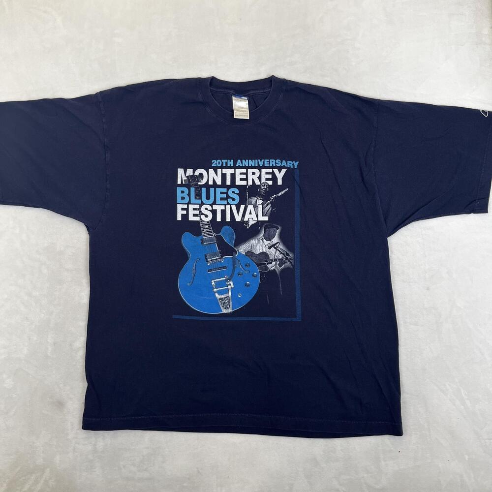 Vintage Monterey Bay Blues Festival T-Shirt Mens 2XL Blue Guitar Tee Y2K 2005